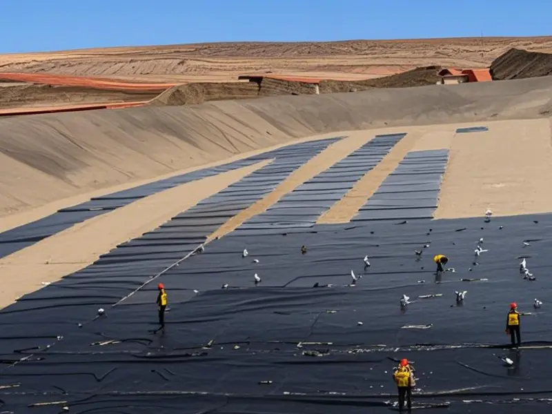 HDPE-Liner-for-Mining High-density polyethylene (HDPE) geomembrane sheet, black in color, unrolled on a construction site, used for lining and waterproofing applications such as landfills, ponds, and reservoirs.