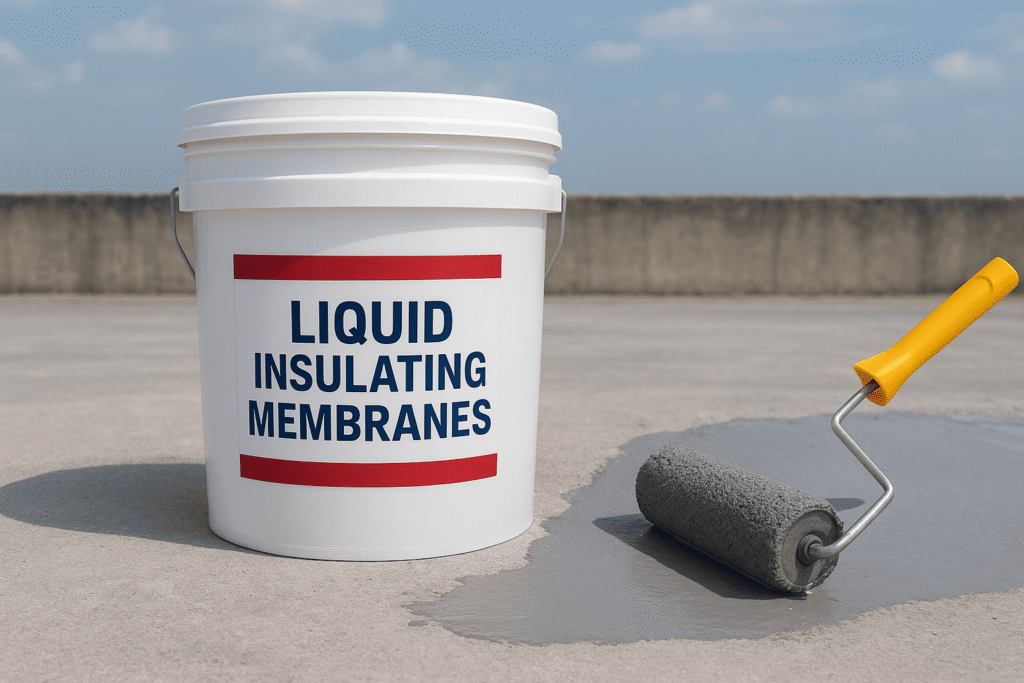 Liquid Insulating Membranes Famy Global Bucket of liquid insulating membrane applied with a roller, creating a seamless waterproof and thermal-protective coating on a concrete roof surface.